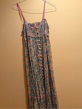 Free People Blue and Pink Floral Midi Dress with Button Front